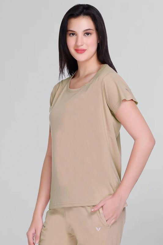 Women Solid Beige Cotton Round Neck T-Shirt