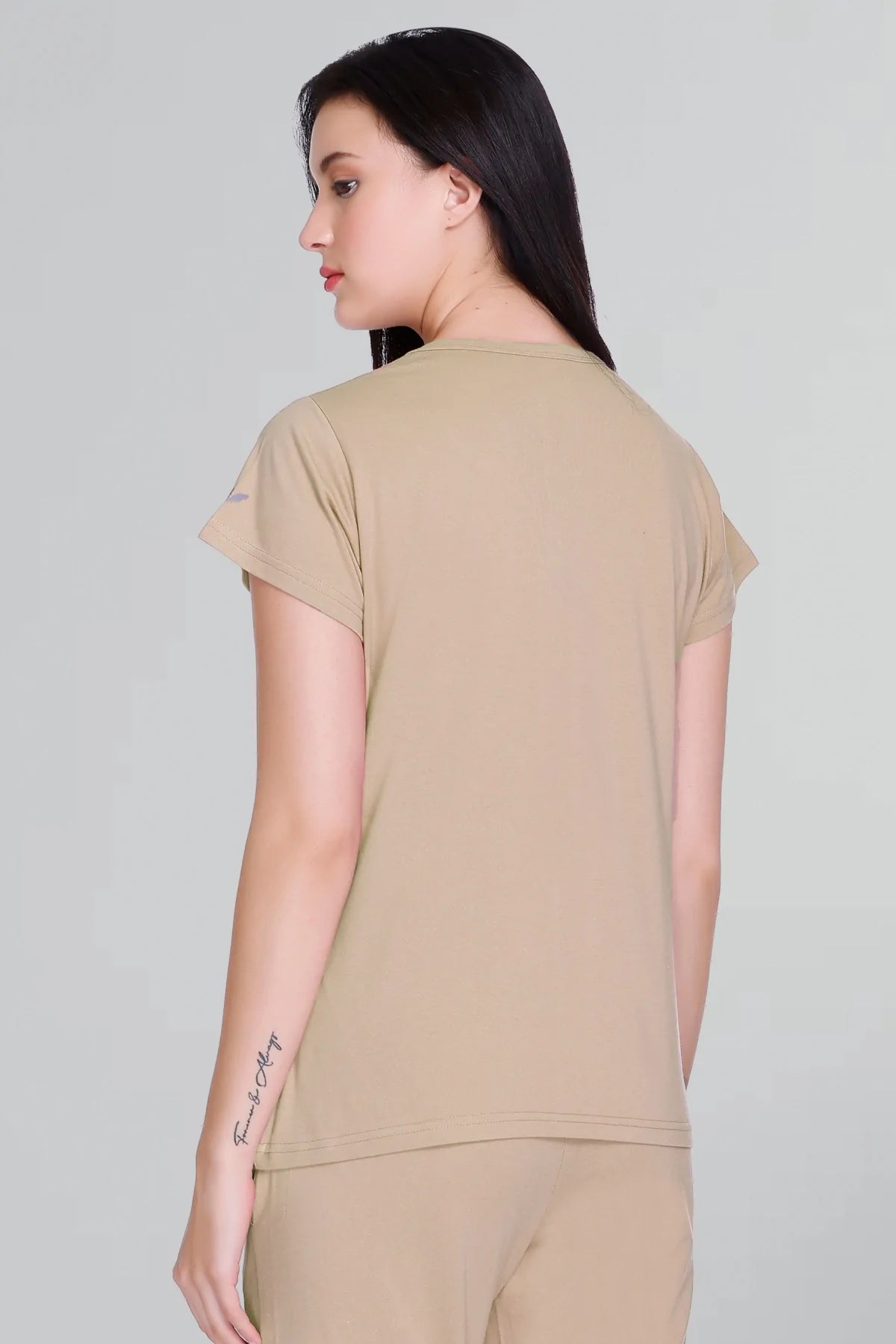 Women Solid Beige Cotton Round Neck T-Shirt
