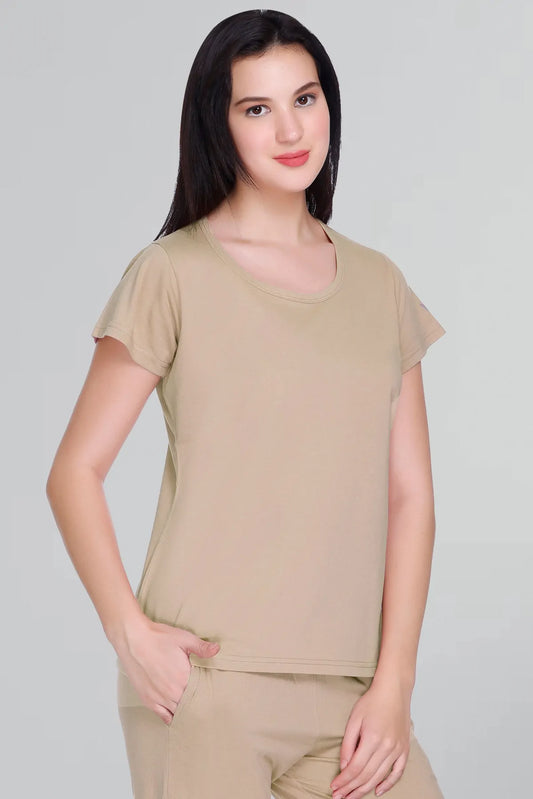 Women Solid Beige Cotton Round Neck T-Shirt