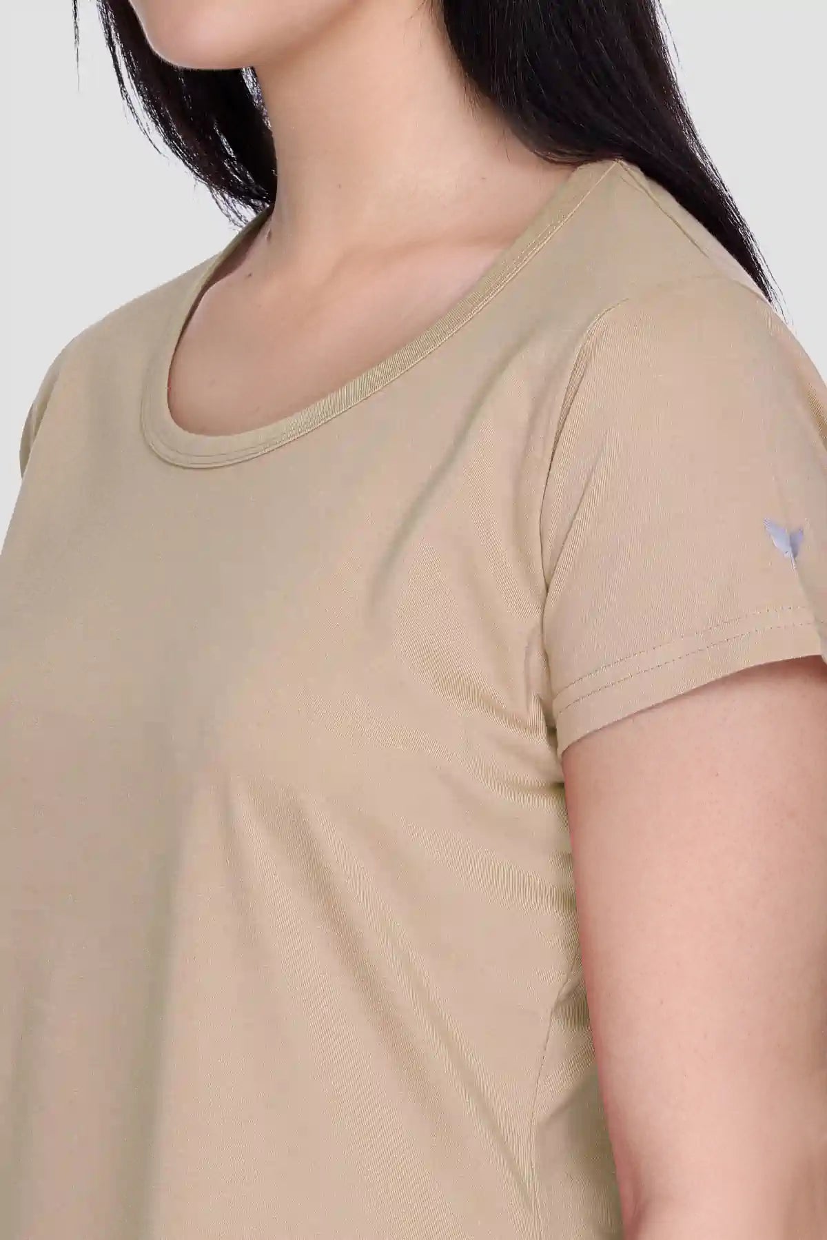 Women Solid Beige Cotton Round Neck T-Shirt