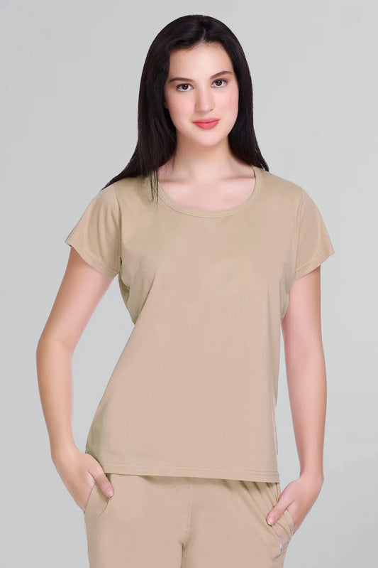 Women Solid Beige Cotton Round Neck T-Shirt