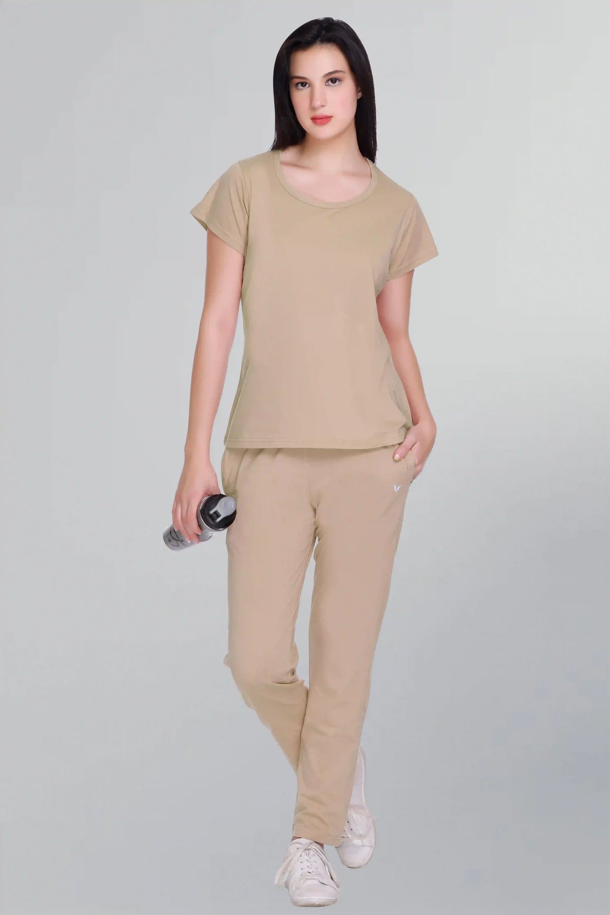 Women Solid Beige Cotton Round Neck T-Shirt