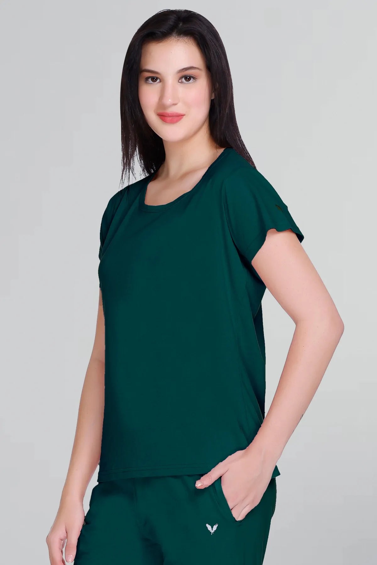 Women Solid Turquoise Cotton Round Neck T-Shirt