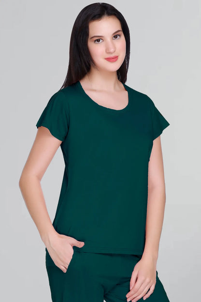 Women Solid Turquoise Cotton Round Neck T-Shirt