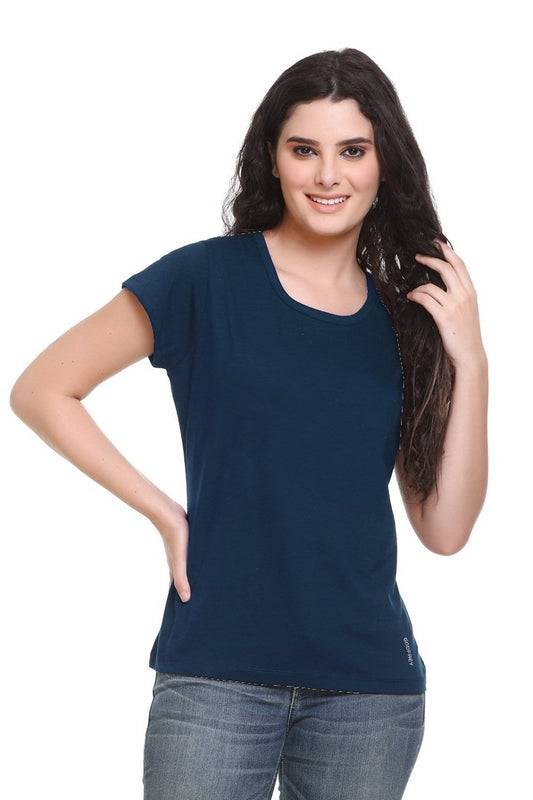 Women Solid Navy Cotton Round Neck T-Shirt