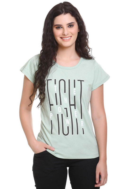 Women Printed Pista Cotton Round Neck T-Shirt