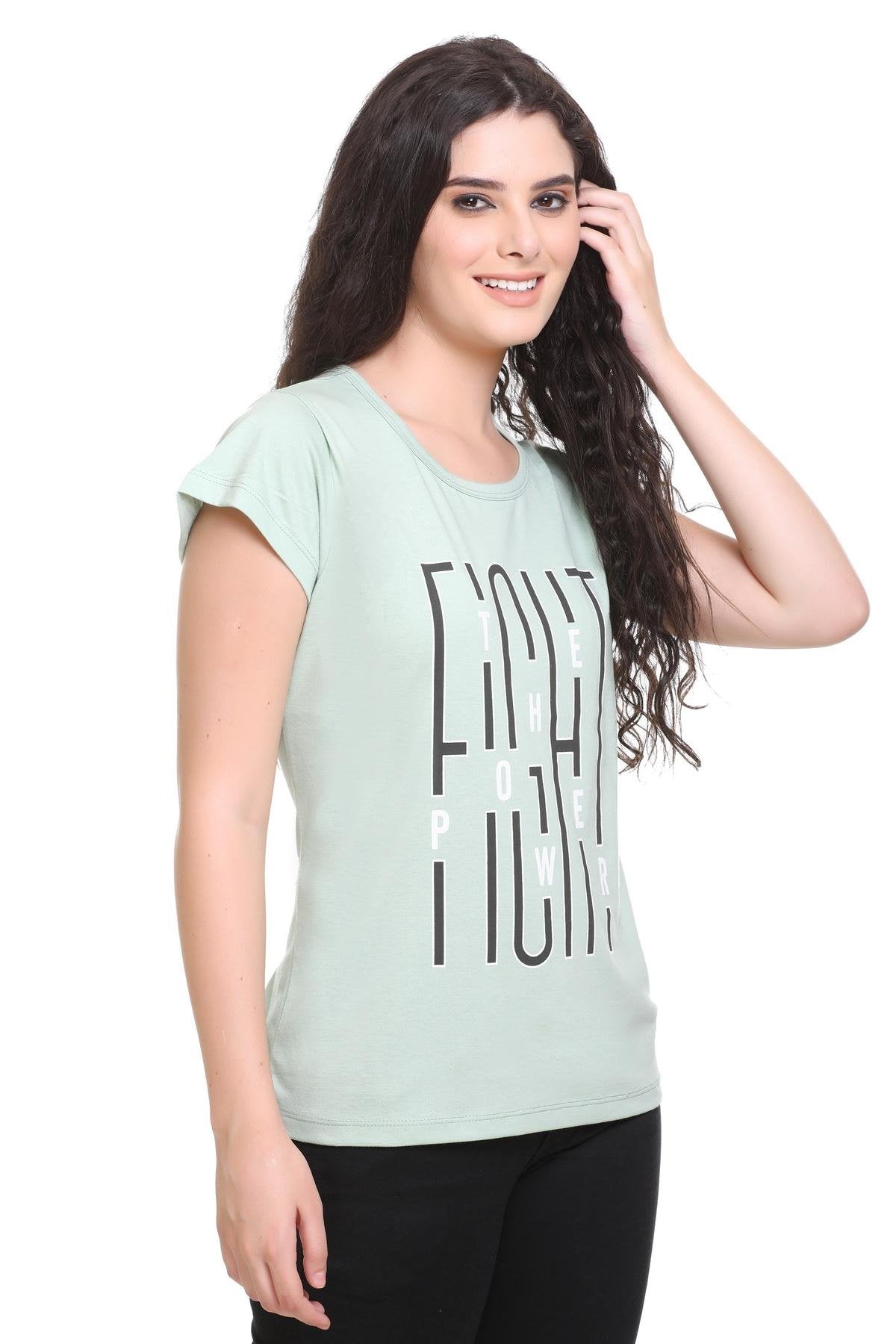 Women Printed Pista Cotton Round Neck T-Shirt