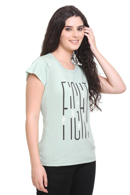 Women Printed Pista Cotton Round Neck T-Shirt