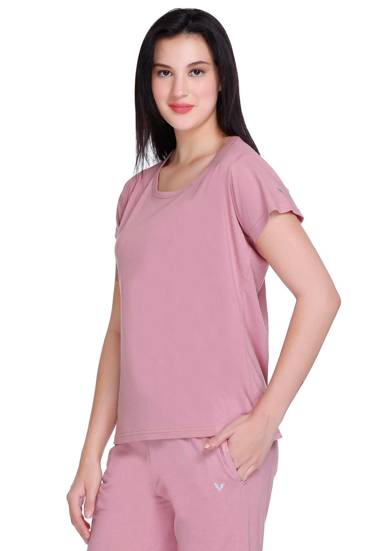 Women Solid Rose Cotton Round Neck T-Shirt