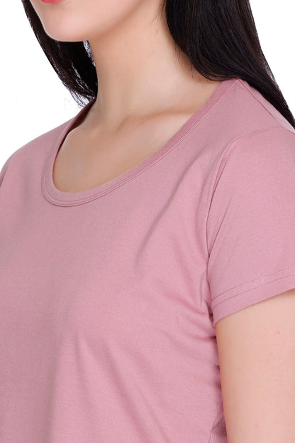 Women Solid Rose Cotton Round Neck T-Shirt