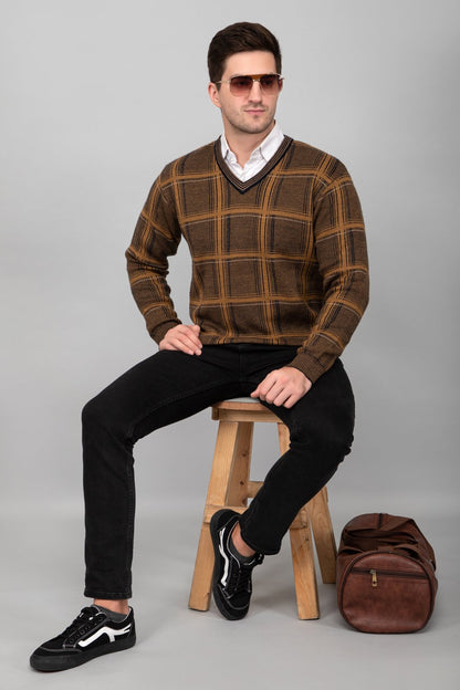 Mustard Woolen V-Neck Striped Sweater For Men