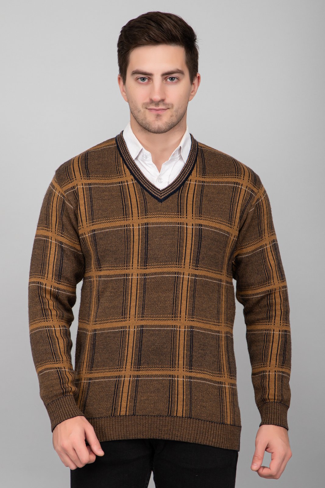Mustard Woolen V-Neck Striped Sweater For Men