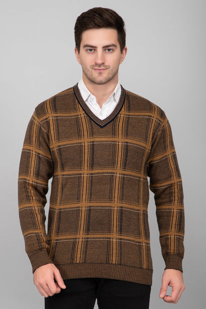 Mustard Woolen V-Neck Striped Sweater For Men