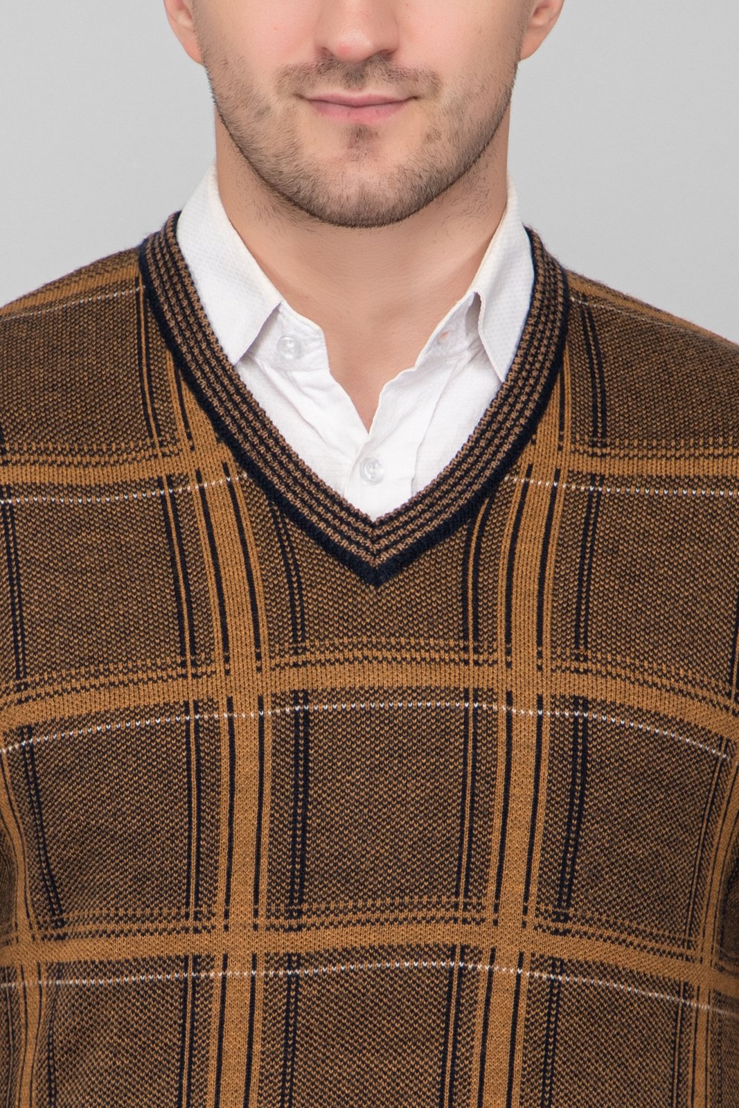 Mustard Woolen V-Neck Striped Sweater For Men