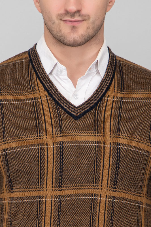 Mustard Woolen V-Neck Striped Sweater For Men