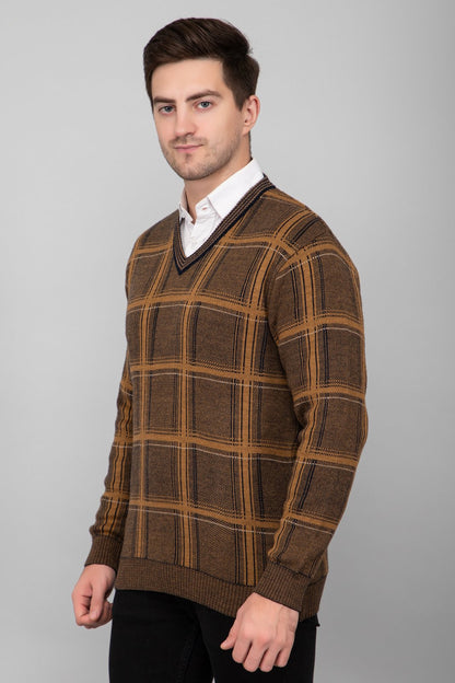 Mustard Woolen V-Neck Striped Sweater For Men