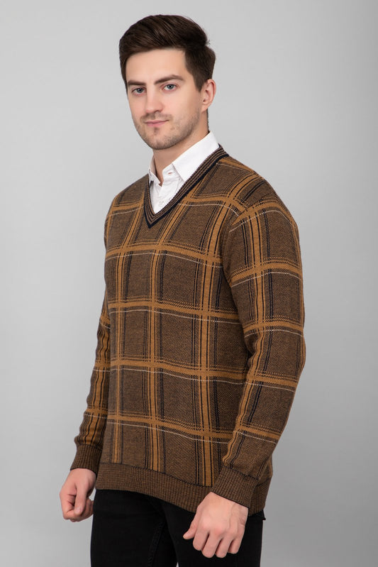 Mustard Woolen V-Neck Striped Sweater For Men