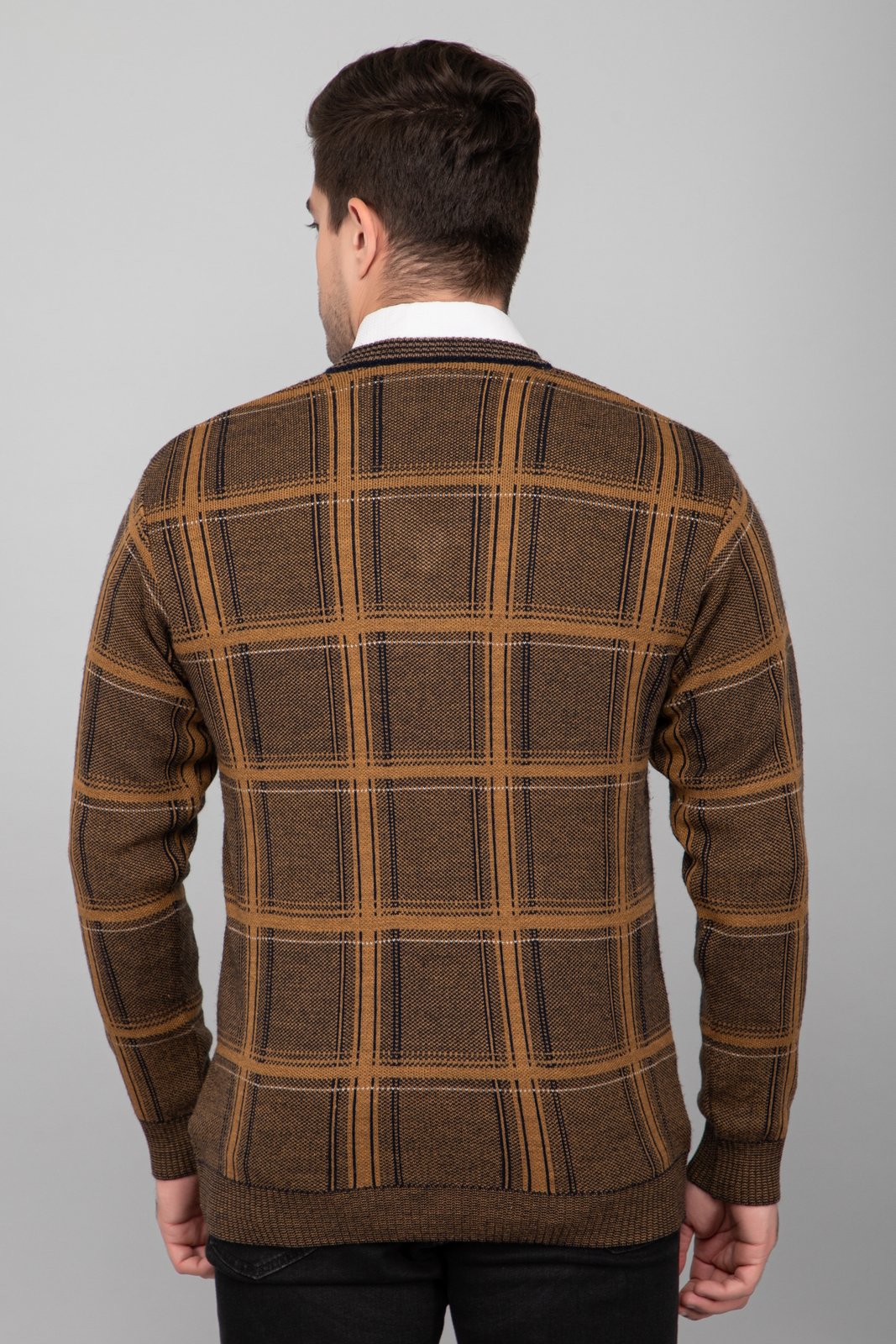 Mustard Woolen V-Neck Striped Sweater For Men