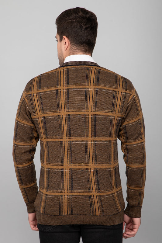 Mustard Woolen V-Neck Striped Sweater For Men