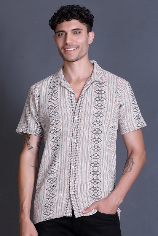 Beige Cuban Collar Shirt For Men