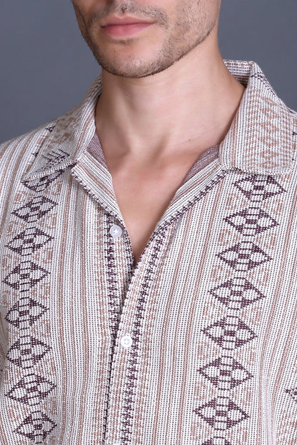 Beige Cuban Collar Shirt For Men
