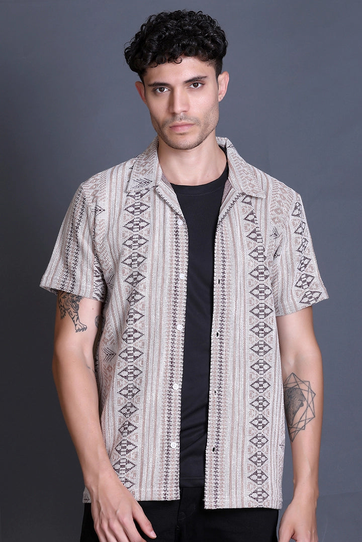 Beige Cuban Collar Shirt For Men