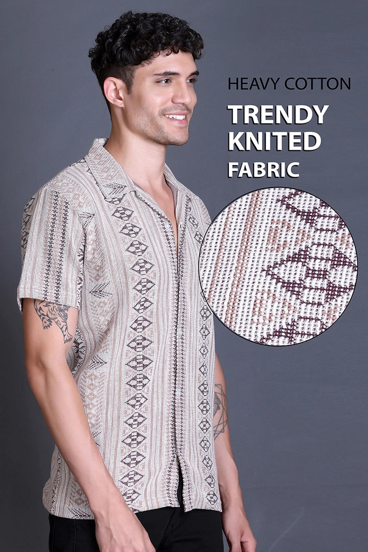 Beige Cuban Collar Shirt For Men