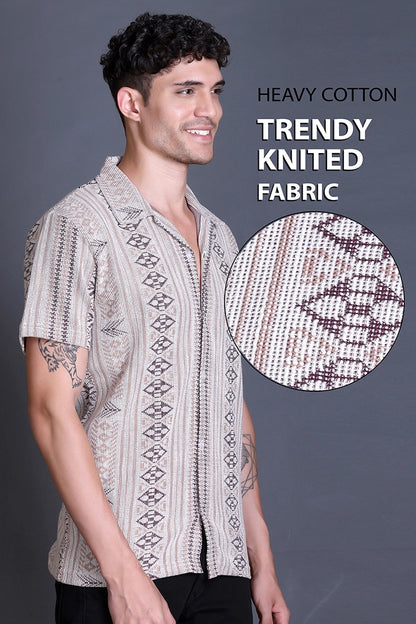 Beige Cuban Collar Shirt For Men