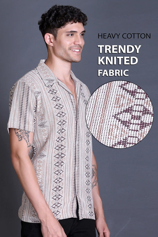 Beige Cuban Collar Shirt For Men