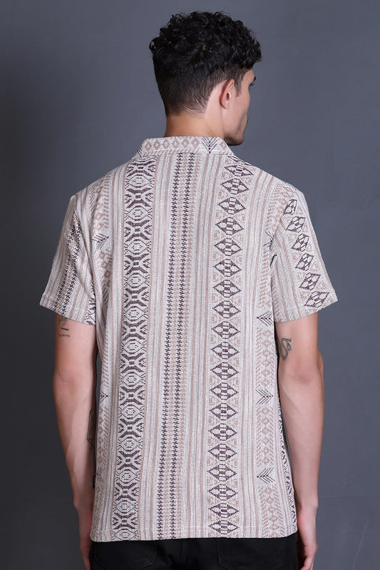 Beige Cuban Collar Shirt For Men