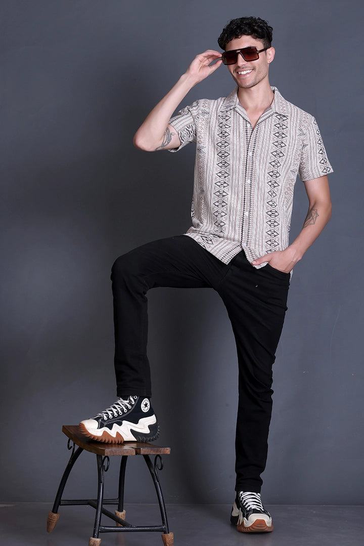 Beige Cuban Collar Shirt For Men