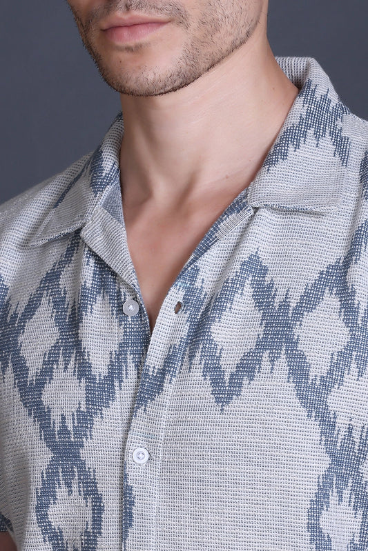 Blue Cuban Collar Shirt For Men