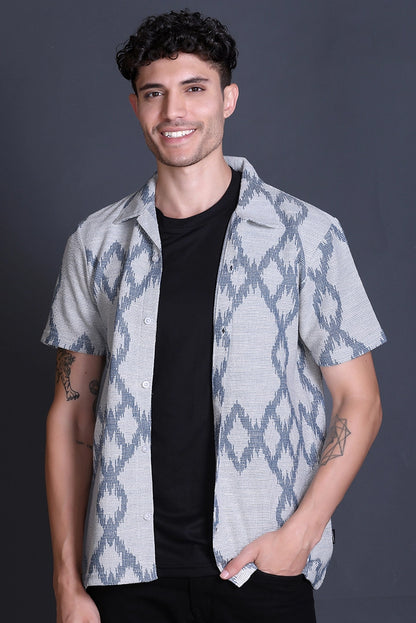 Blue Cuban Collar Shirt For Men