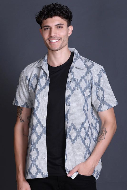 Blue Cuban Collar Shirt For Men