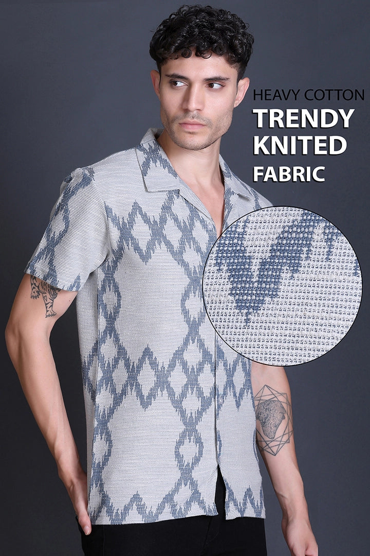 Blue Cuban Collar Shirt For Men