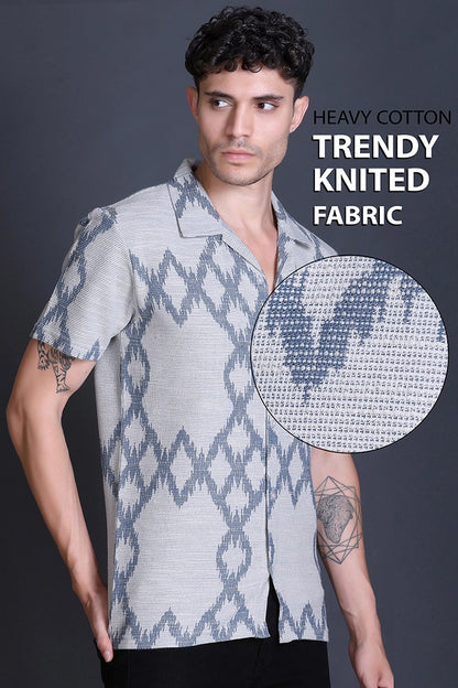 Blue Cuban Collar Shirt For Men