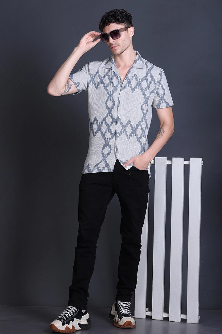 Blue Cuban Collar Shirt For Men