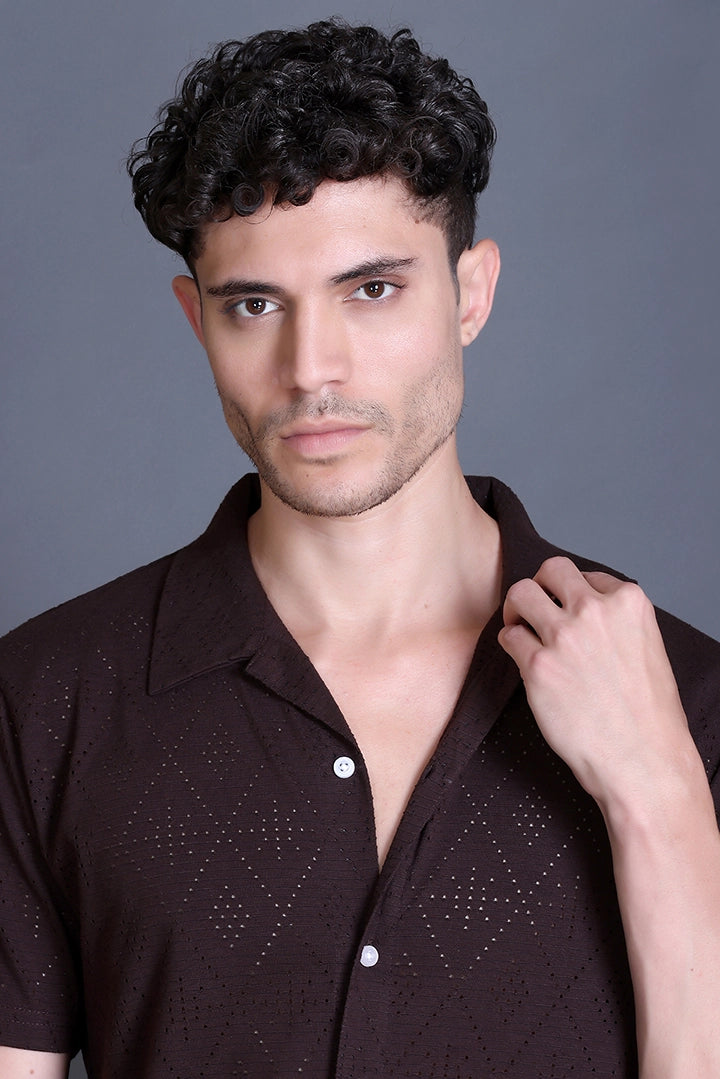Coffee Cuban Collar Shirt For Men