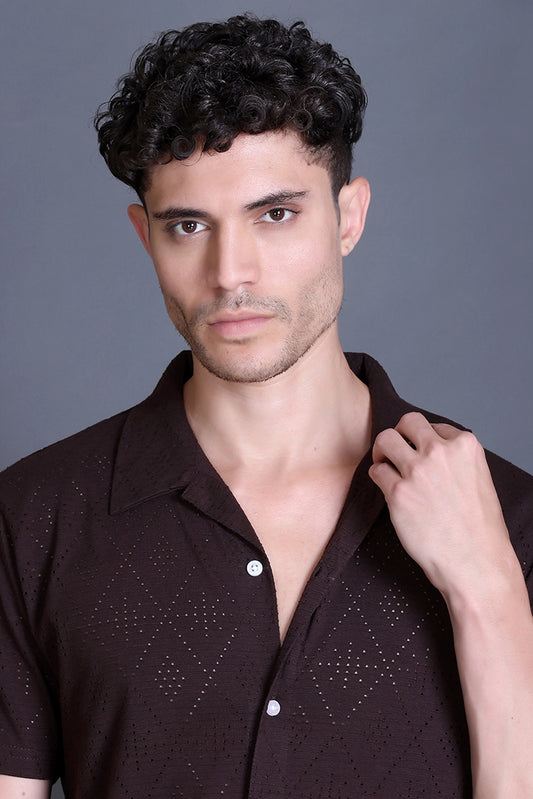 Coffee Cuban Collar Shirt For Men