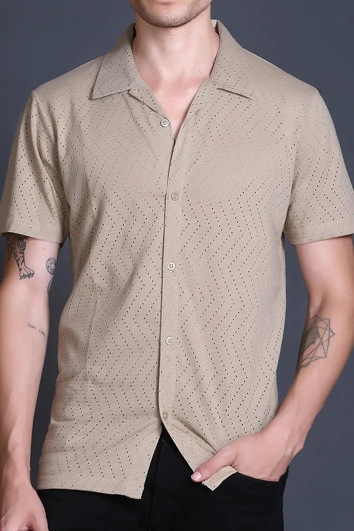 Beige Cuban Collar Shirt For Men