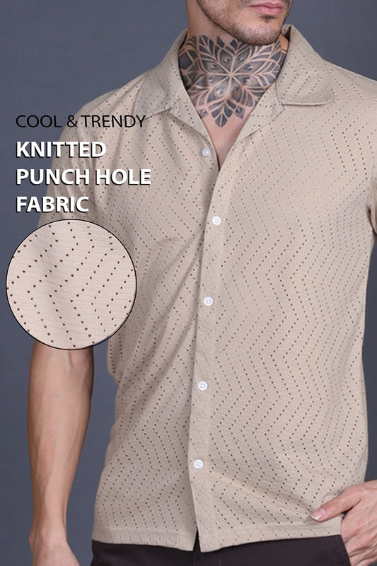 Beige Cuban Collar Shirt For Men