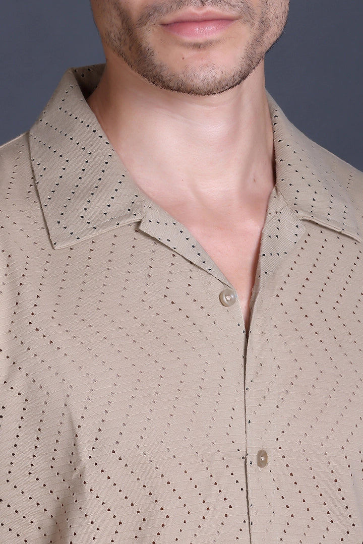 Beige Cuban Collar Shirt For Men
