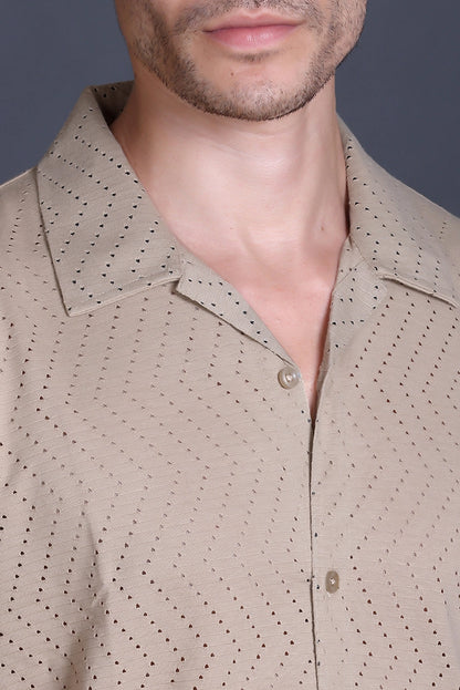 Beige Cuban Collar Shirt For Men