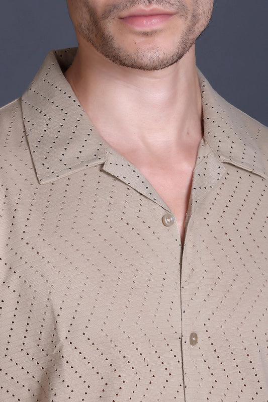 Beige Cuban Collar Shirt For Men
