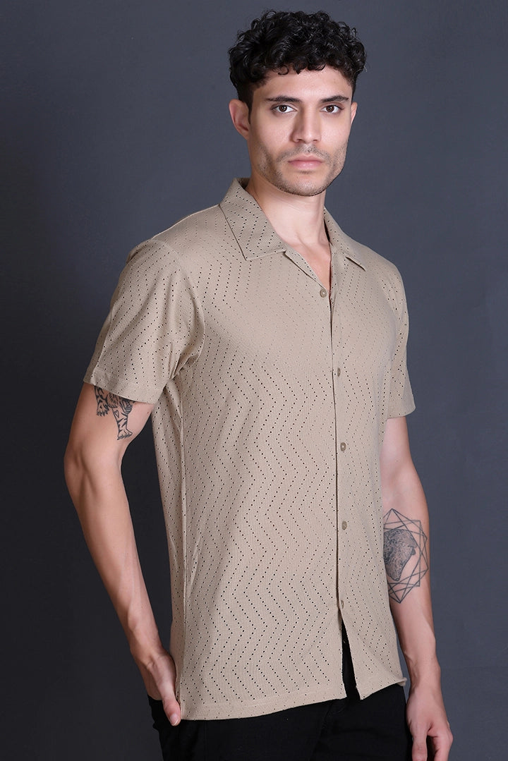 Beige Cuban Collar Shirt For Men