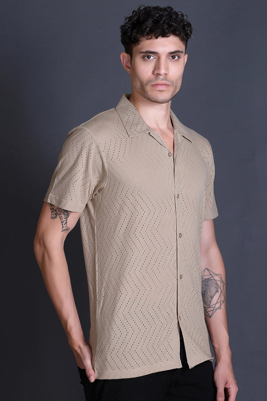 Beige Cuban Collar Shirt For Men