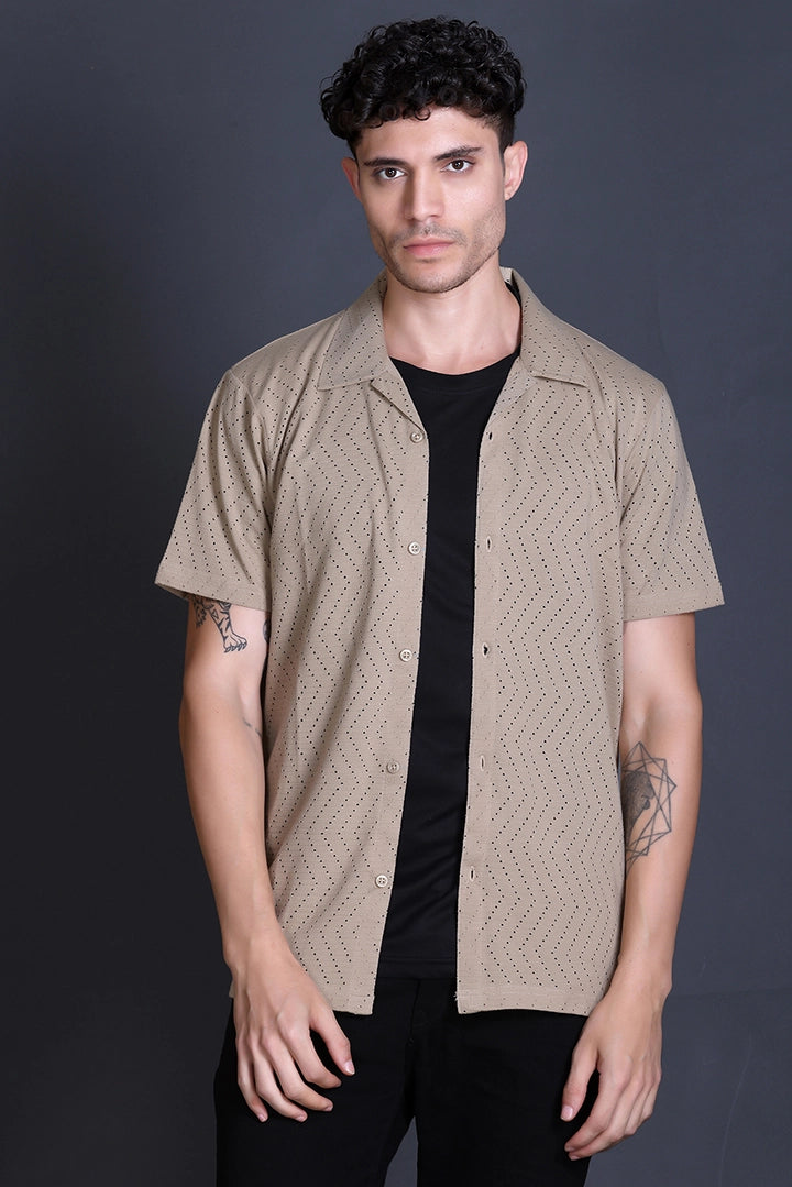Beige Cuban Collar Shirt For Men