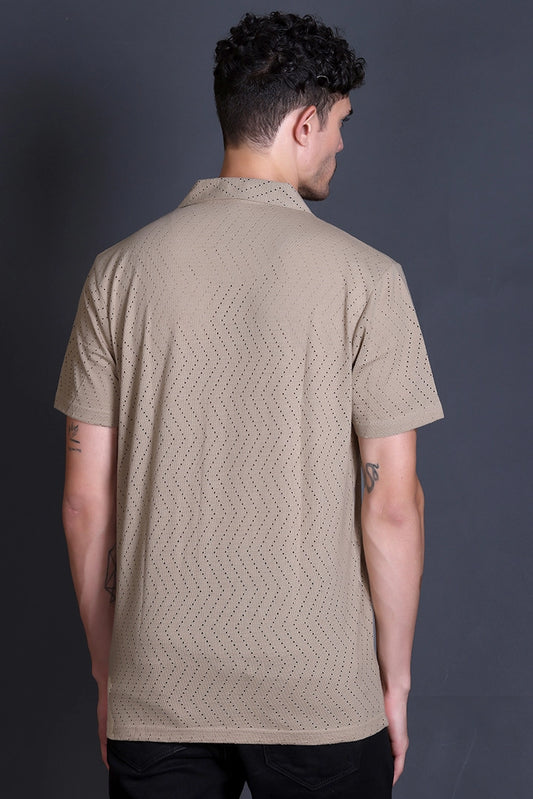 Beige Cuban Collar Shirt For Men