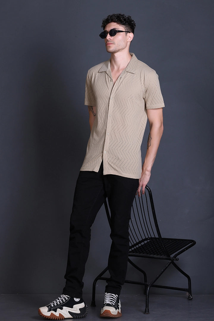 Beige Cuban Collar Shirt For Men