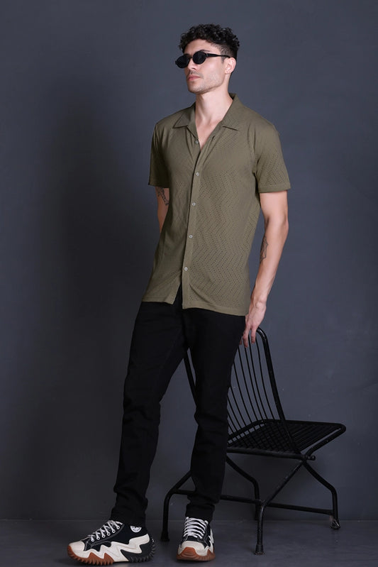 Olive Cuban Collar Shirt For Men